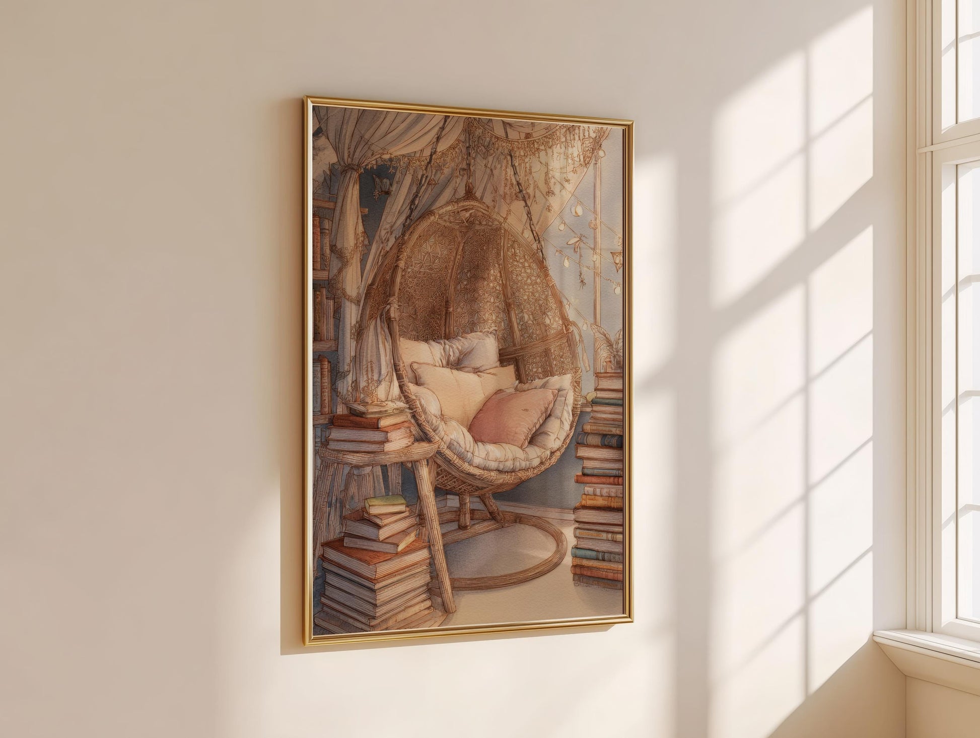 Boho Macrame Chair Reading Nook Print | Cozy Wall Decor | Book Lover Gift | Book Nook Poster | Book Art | Aesthetic Room Art | Home Decor - Book Poster Art Print Decor Bookish