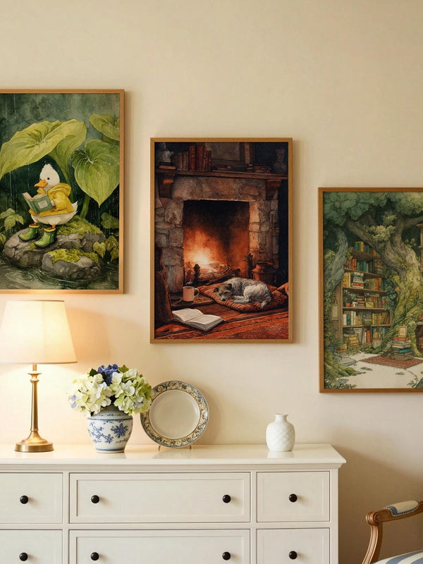 Cosy Dog by Fireplace Print | Cozy Wall Decor | Book Lover Gift | Book Nook Poster | Book Art | Aesthetic Room Art | Reader Home Decor - Book Poster Art Print Decor Bookish