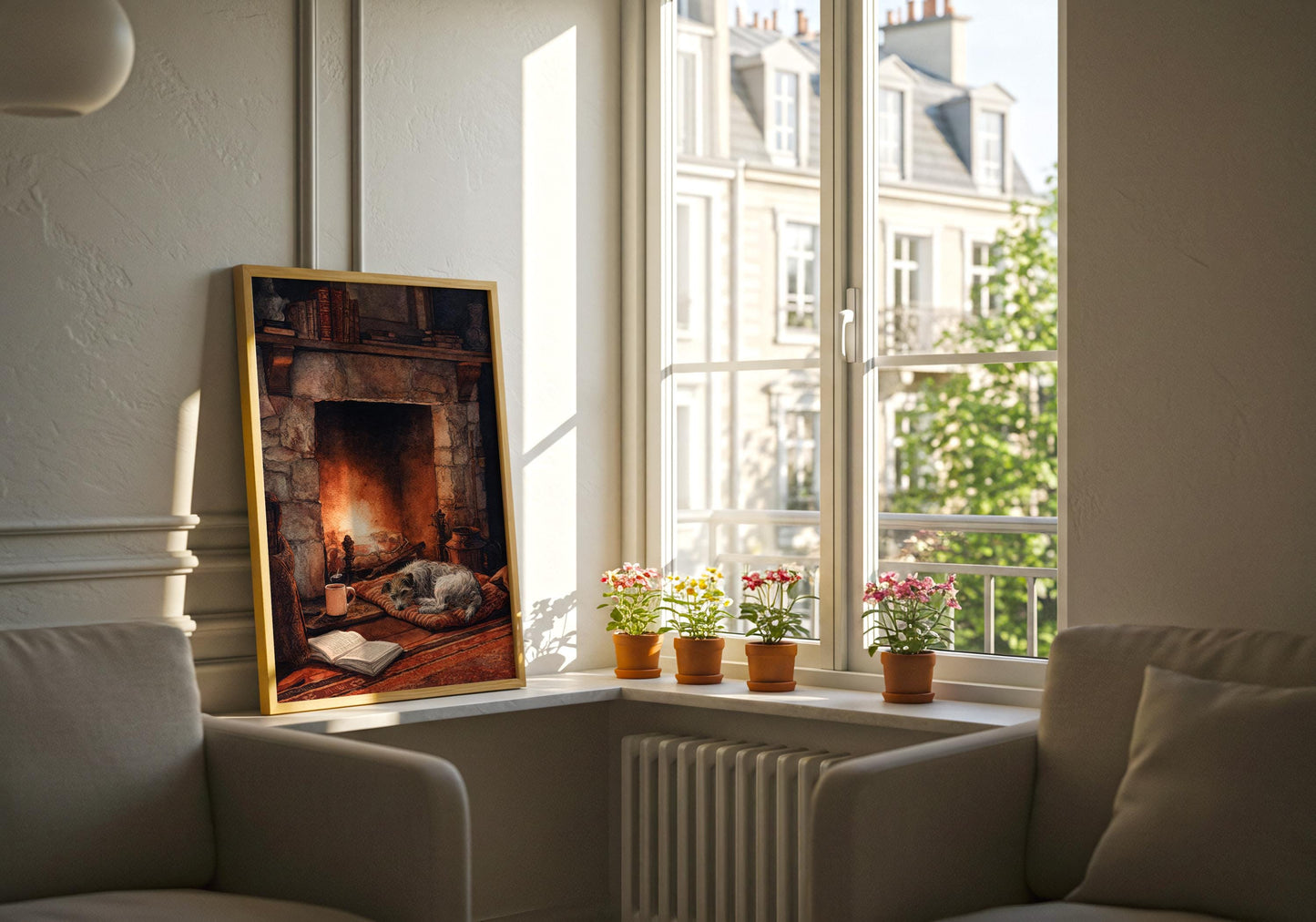 Cosy Dog by Fireplace Print | Cozy Wall Decor | Book Lover Gift | Book Nook Poster | Book Art | Aesthetic Room Art | Reader Home Decor - Book Poster Art Print Decor Bookish