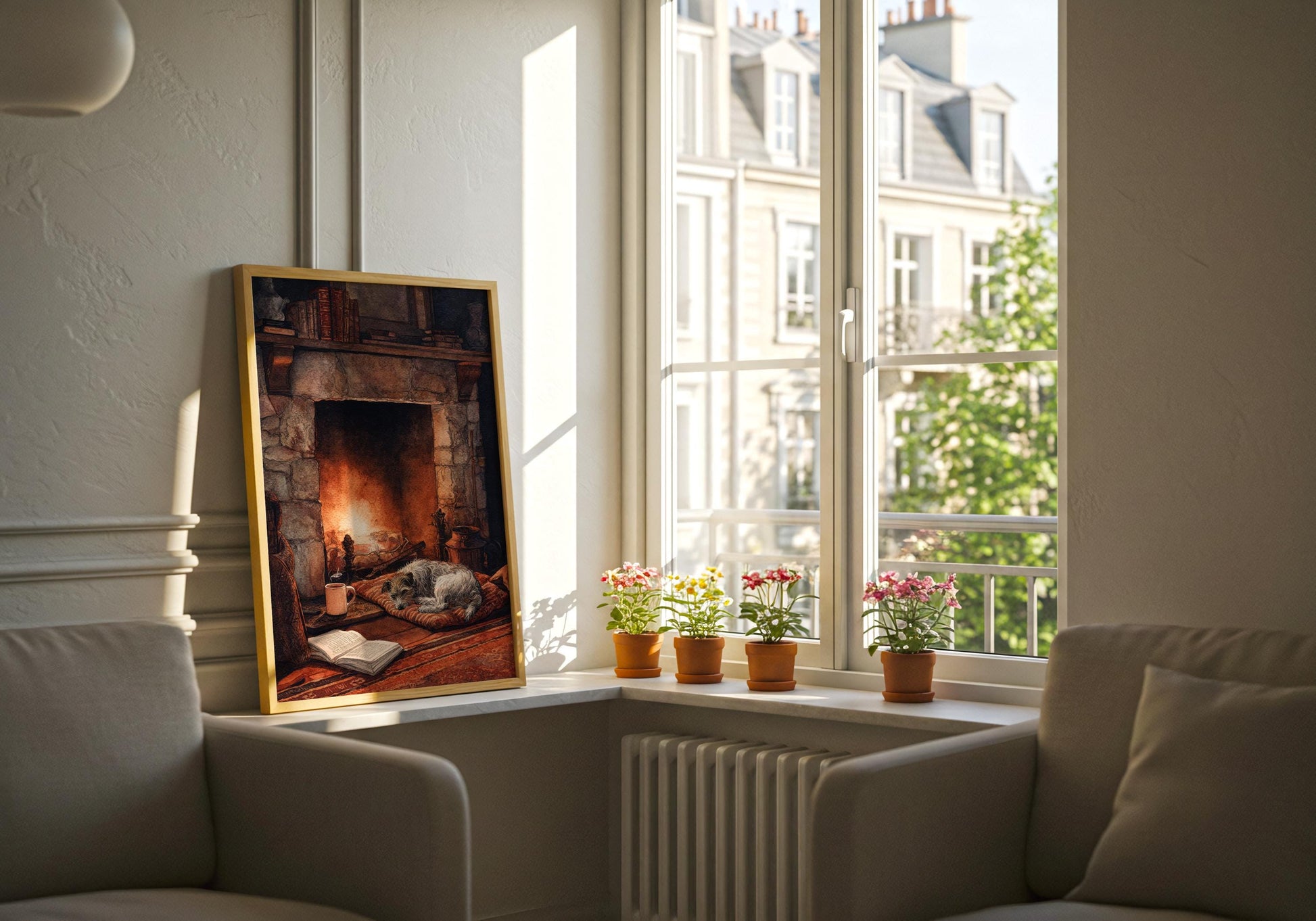 Cosy Dog by Fireplace Print | Cozy Wall Decor | Book Lover Gift | Book Nook Poster | Book Art | Aesthetic Room Art | Reader Home Decor - Book Poster Art Print Decor Bookish