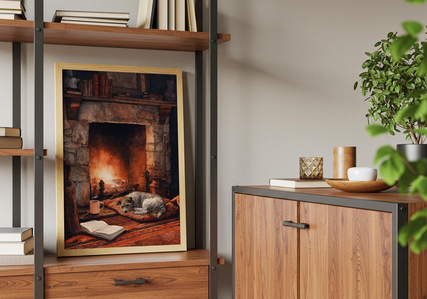 Cosy Dog by Fireplace Print | Cozy Wall Decor | Book Lover Gift | Book Nook Poster | Book Art | Aesthetic Room Art | Reader Home Decor - Book Poster Art Print Decor Bookish