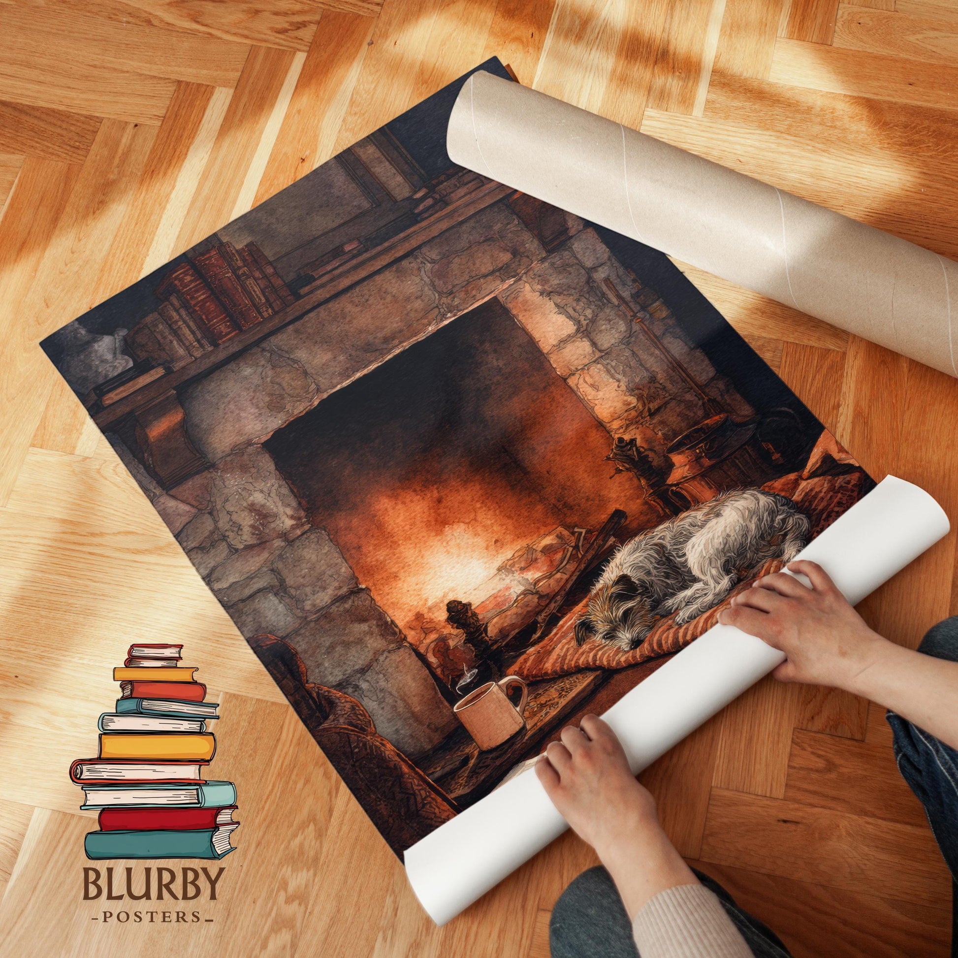 Cosy Dog by Fireplace Print | Cozy Wall Decor | Book Lover Gift | Book Nook Poster | Book Art | Aesthetic Room Art | Reader Home Decor - Book Poster Art Print Decor Bookish