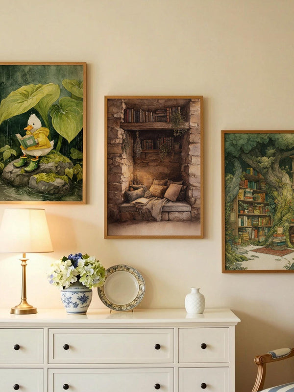 Cosy Stone Wall Reading Nook Print | Cozy Wall Decor | Book Lover Gift | Book Nook Poster | Book Art | Aesthetic Room Art | Reader Home Art - Book Poster Art Print Decor Bookish