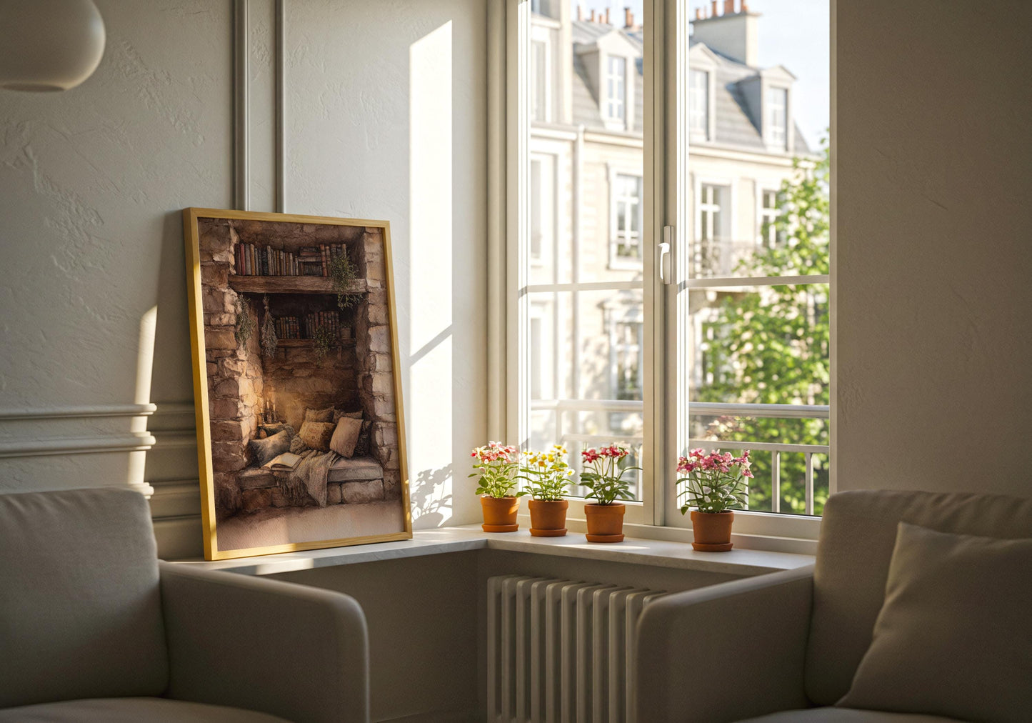 Cosy Stone Wall Reading Nook Print | Cozy Wall Decor | Book Lover Gift | Book Nook Poster | Book Art | Aesthetic Room Art | Reader Home Art - Book Poster Art Print Decor Bookish