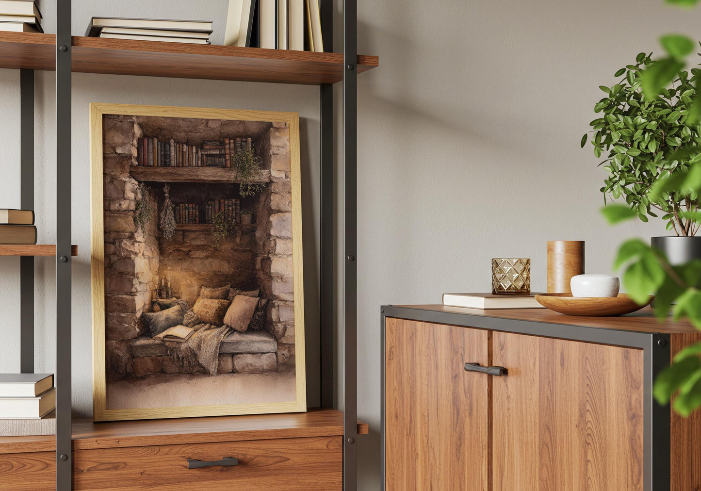 Cosy Stone Wall Reading Nook Print | Cozy Wall Decor | Book Lover Gift | Book Nook Poster | Book Art | Aesthetic Room Art | Reader Home Art - Book Poster Art Print Decor Bookish