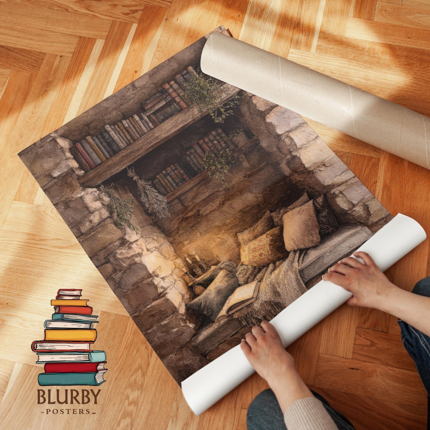 Cosy Stone Wall Reading Nook Print | Cozy Wall Decor | Book Lover Gift | Book Nook Poster | Book Art | Aesthetic Room Art | Reader Home Art - Book Poster Art Print Decor Bookish