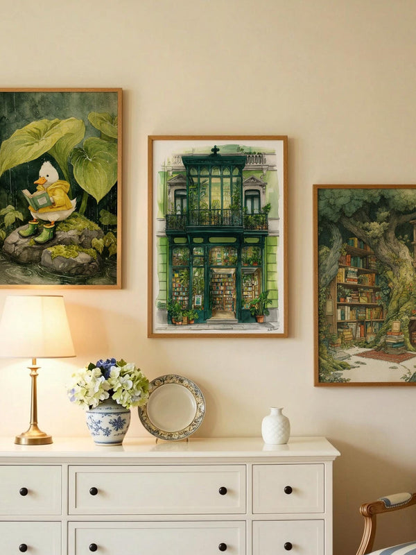 Emerald Green Conservatory Bookshop Print | Cozy Wall Decor | Book Lover Gift | Book Nook Poster | Book Art | Aesthetic Room | Reader Art - Book Poster Art Print Decor Bookish