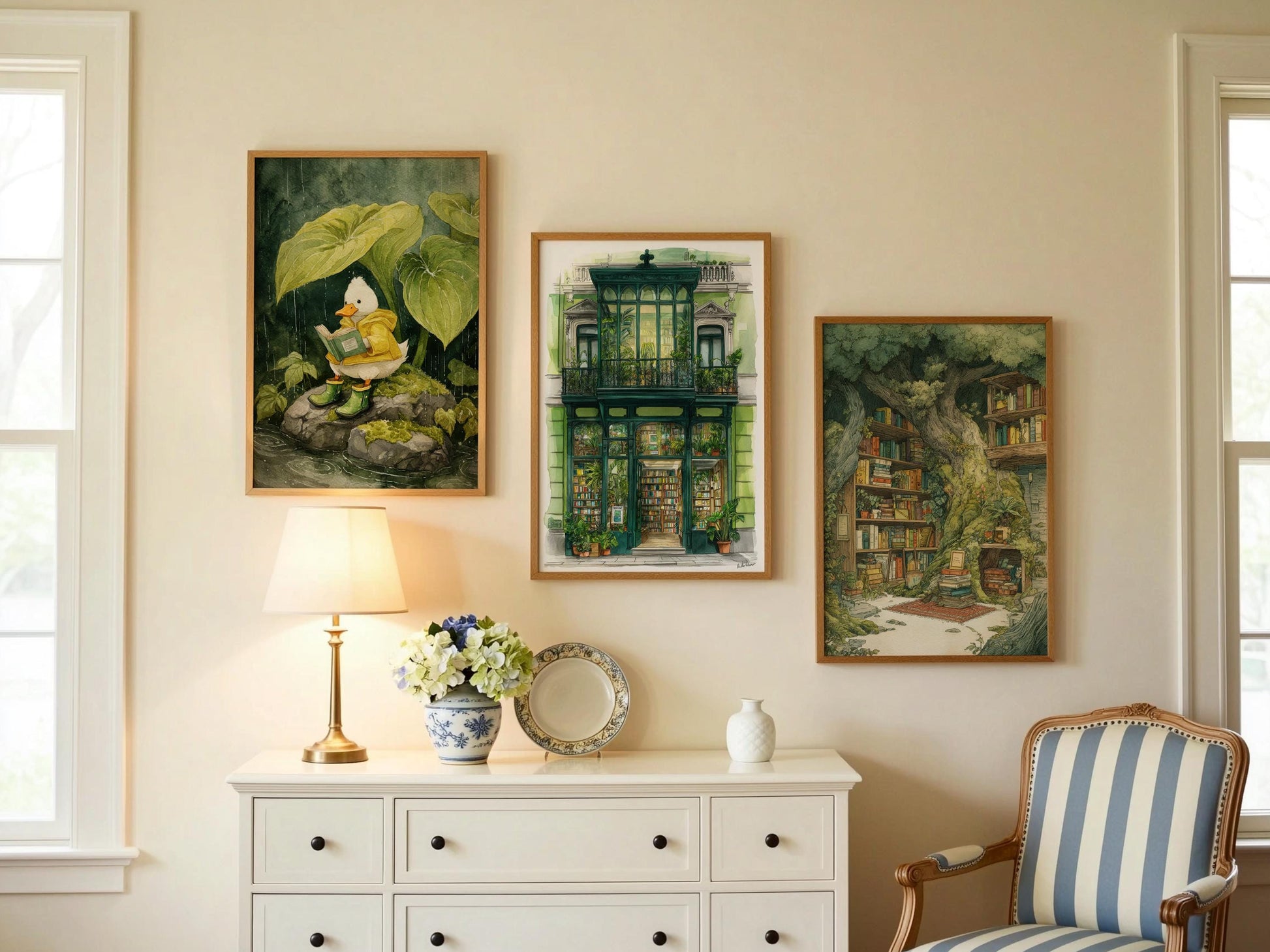 Emerald Green Conservatory Bookshop Print | Cozy Wall Decor | Book Lover Gift | Book Nook Poster | Book Art | Aesthetic Room | Reader Art - Book Poster Art Print Decor Bookish