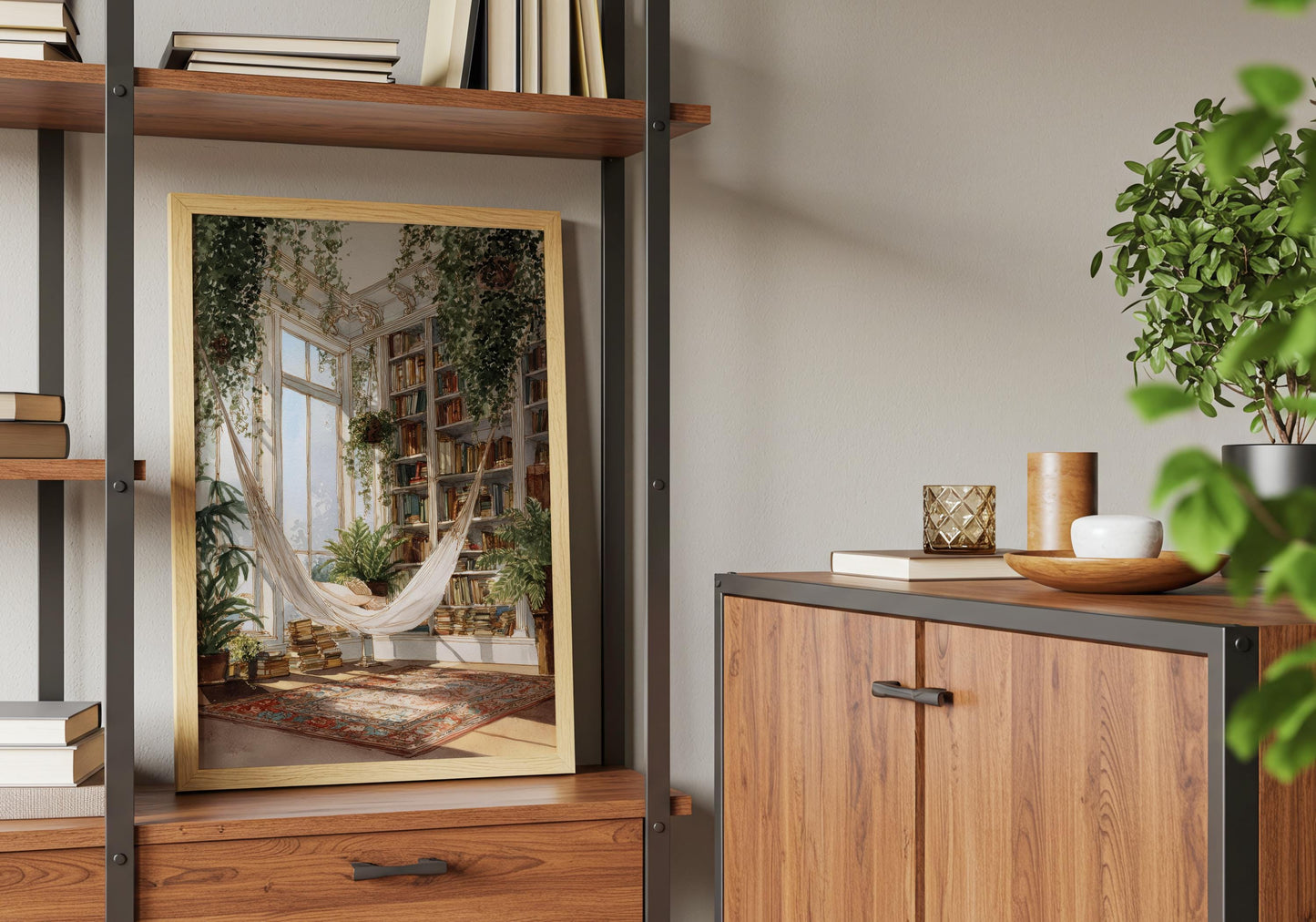 Indoor Library Hammock Print | Cozy Wall Decor | Book Lover Gift | Book Nook Poster | Book Wall Artwork | Aesthetic Room | Reader Home Decor - Book Poster Art Print Decor Bookish