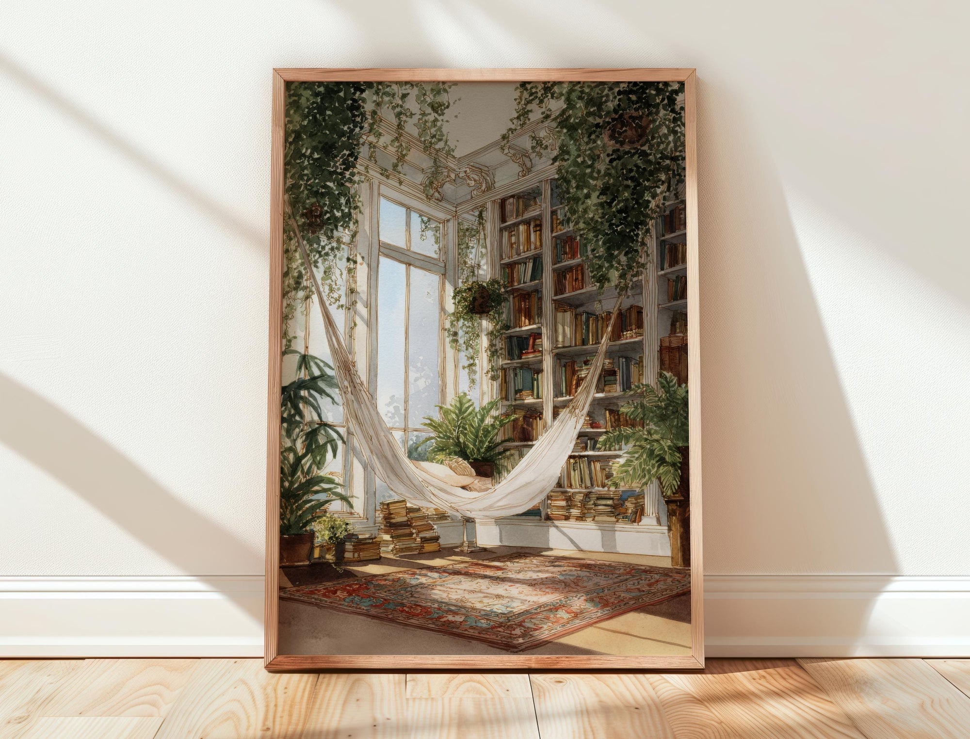 Indoor Library Hammock Print | Cozy Wall Decor | Book Lover Gift | Book Nook Poster | Book Wall Artwork | Aesthetic Room | Reader Home Decor - Book Poster Art Print Decor Bookish