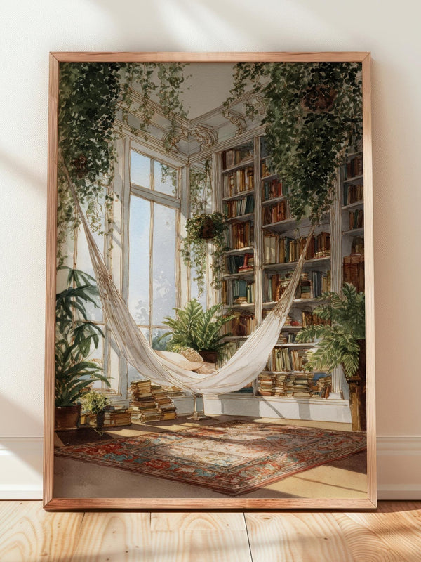 Indoor Library Hammock Print | Cozy Wall Decor | Book Lover Gift | Book Nook Poster | Book Wall Artwork | Aesthetic Room | Reader Home Decor - Book Poster Art Print Decor Bookish