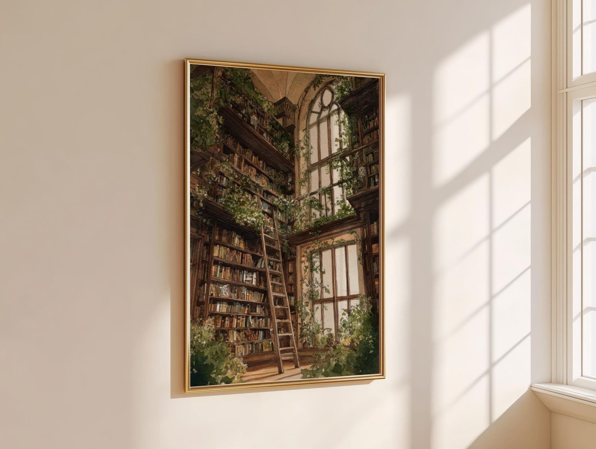 Cathedral Window Library Print | Cozy Wall Decor | Book Lover Gift | Book Nook Poster | Book Wall Art | Aesthetic Room | Reader Home Decor - Book Poster Art Print Decor Bookish
