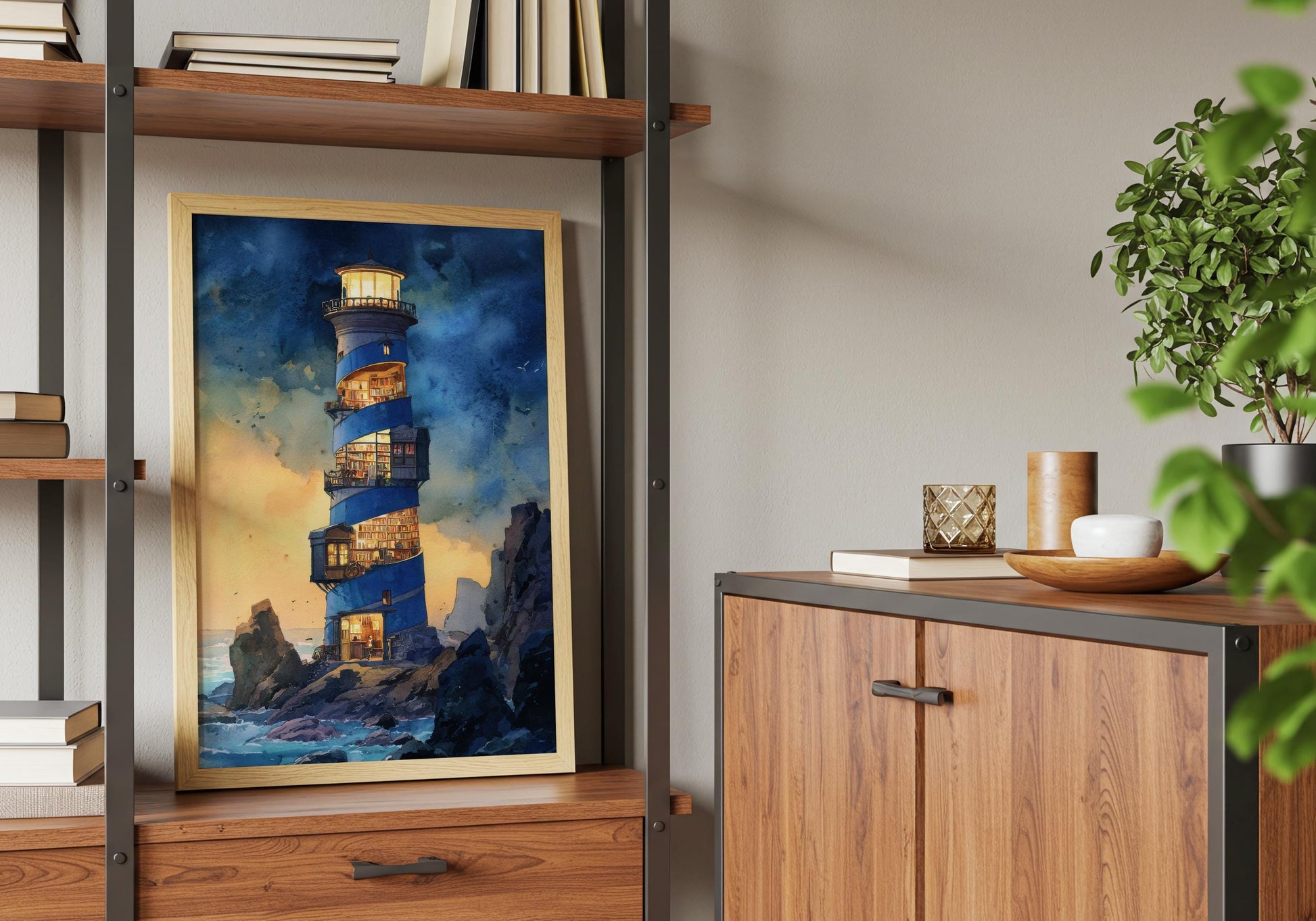 Lighthouse Spiral Library Print | Cozy Wall Decor | Book Lover Gift | Book Nook Poster | Book Wall Art | Aesthetic Room | Reader Home Decor - Book Poster Art Print Decor Bookish