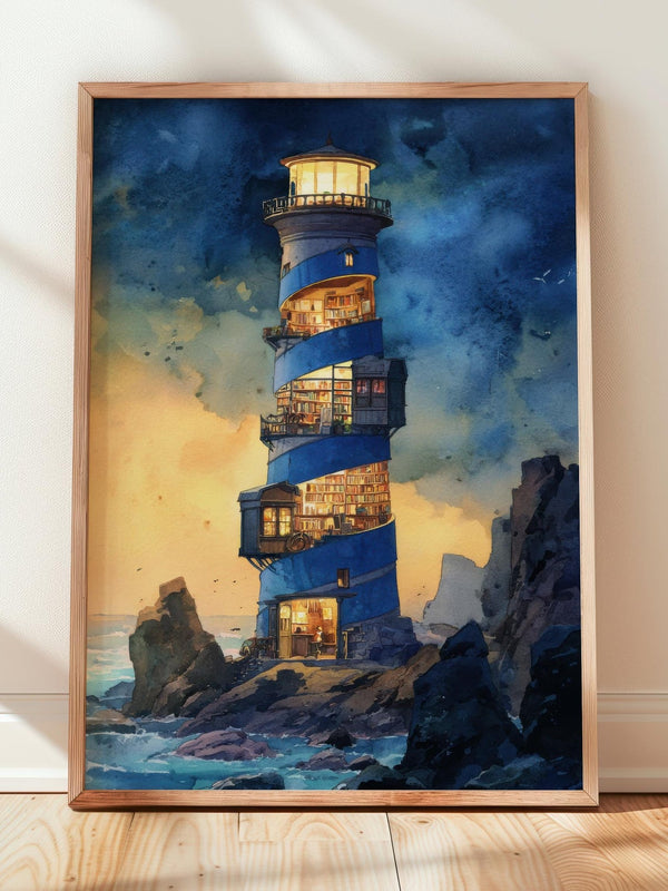 Lighthouse Spiral Library Print | Cozy Wall Decor | Book Lover Gift | Book Nook Poster | Book Wall Art | Aesthetic Room | Reader Home Decor - Book Poster Art Print Decor Bookish