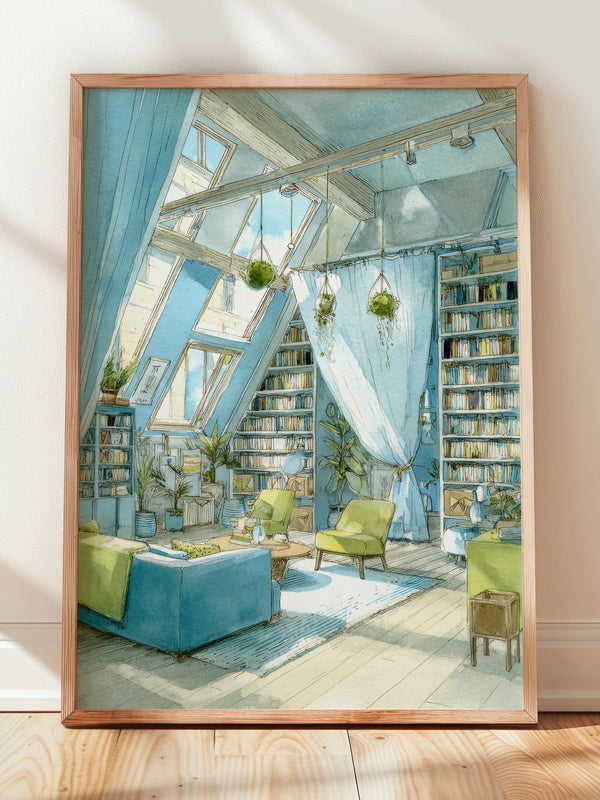 Attic Loft Library Print | Cozy Wall Decor | Book Lover Gift | Book Nook Poster | Book Artwork | Aesthetic Room Decor | Reader Home Decor - Book Poster Art Print Decor Bookish