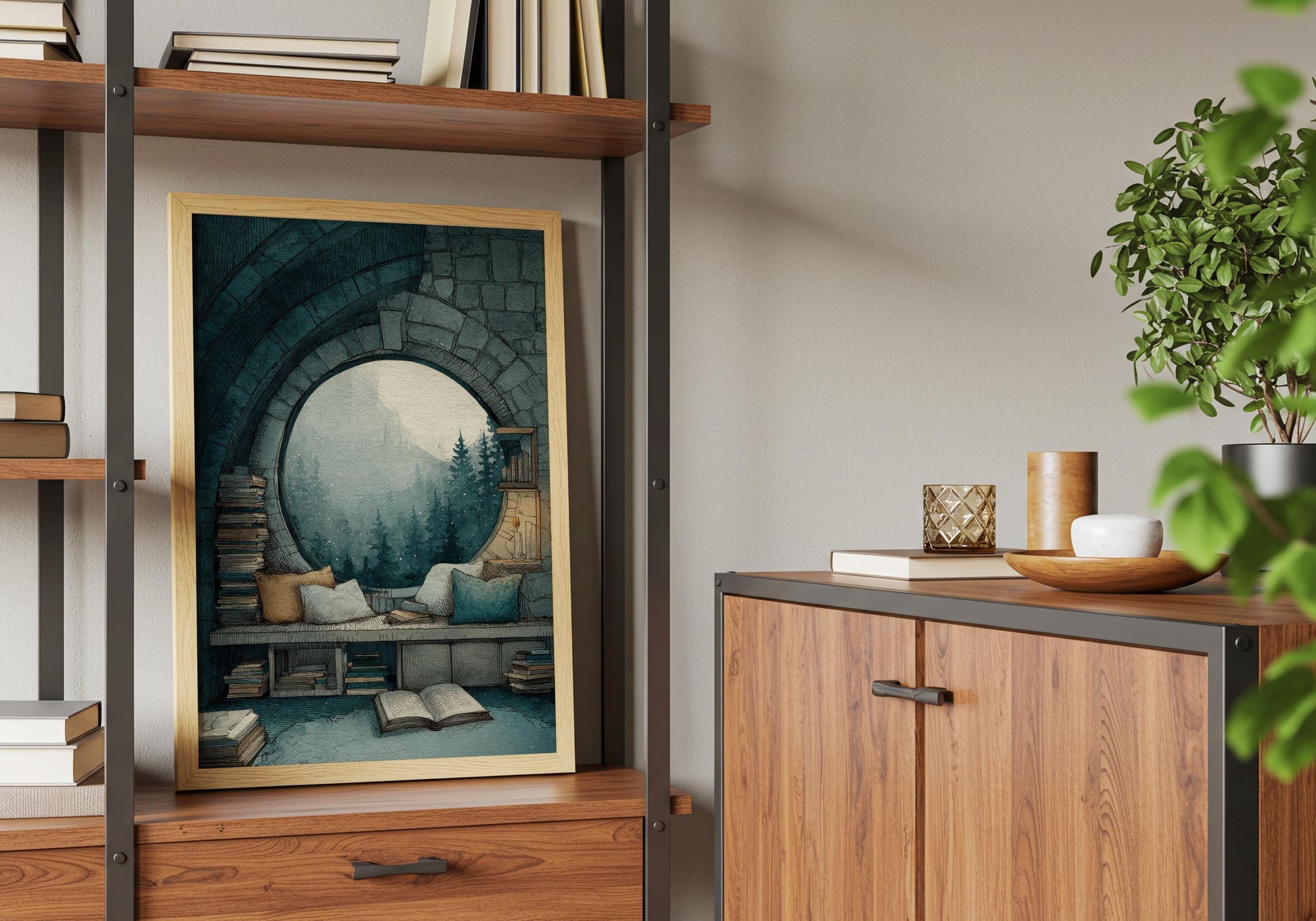 Circular Window Mountain View Library Print | Cozy Wall Decor | Book Lover Gift | Book Nook Poster | Book Art | Aesthetic Room | Reader Home - Book Poster Art Print Decor Bookish