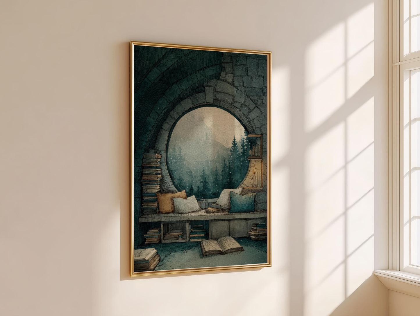 Circular Window Mountain View Library Print | Cozy Wall Decor | Book Lover Gift | Book Nook Poster | Book Art | Aesthetic Room | Reader Home - Book Poster Art Print Decor Bookish