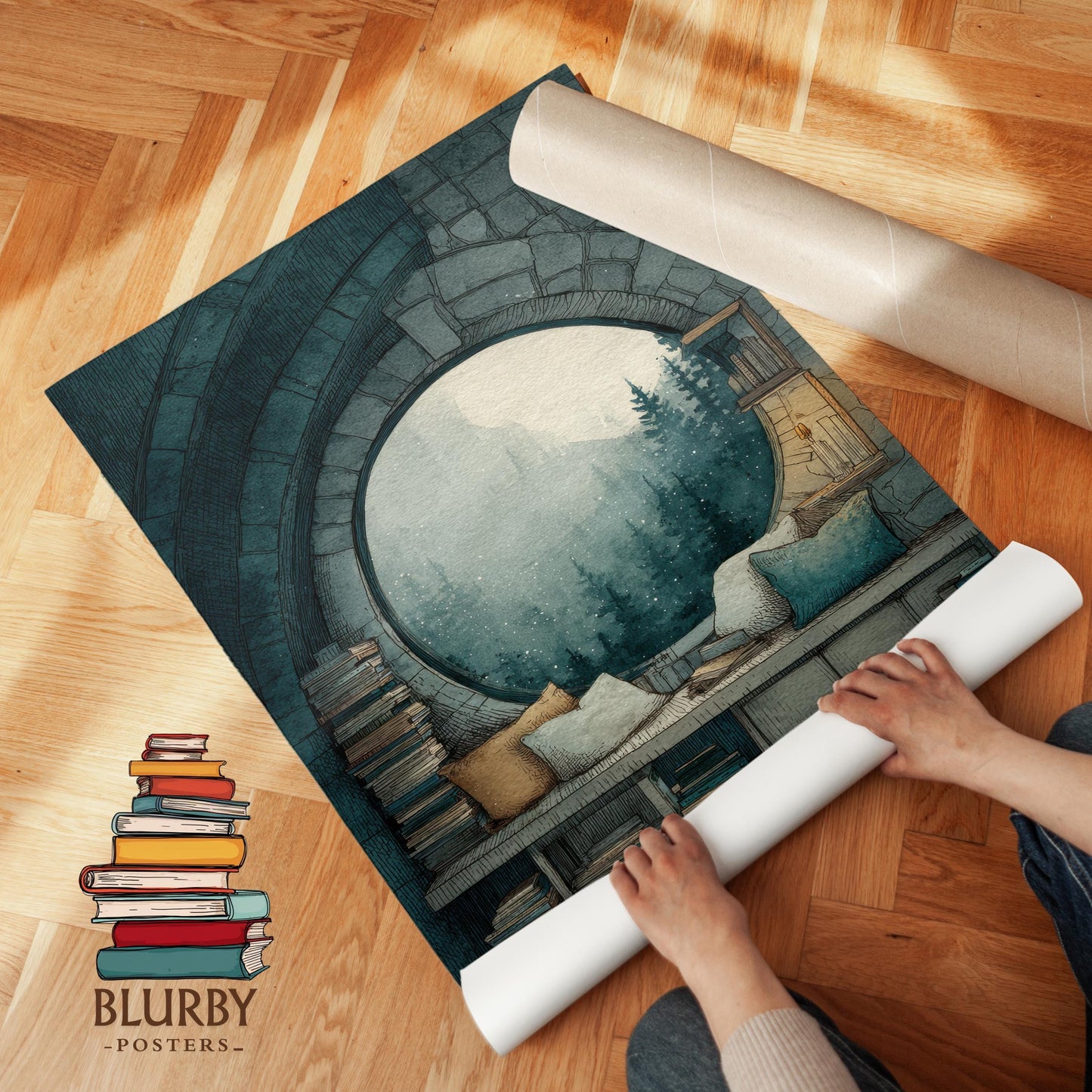 Circular Window Mountain View Library Print | Cozy Wall Decor | Book Lover Gift | Book Nook Poster | Book Art | Aesthetic Room | Reader Home - Book Poster Art Print Decor Bookish