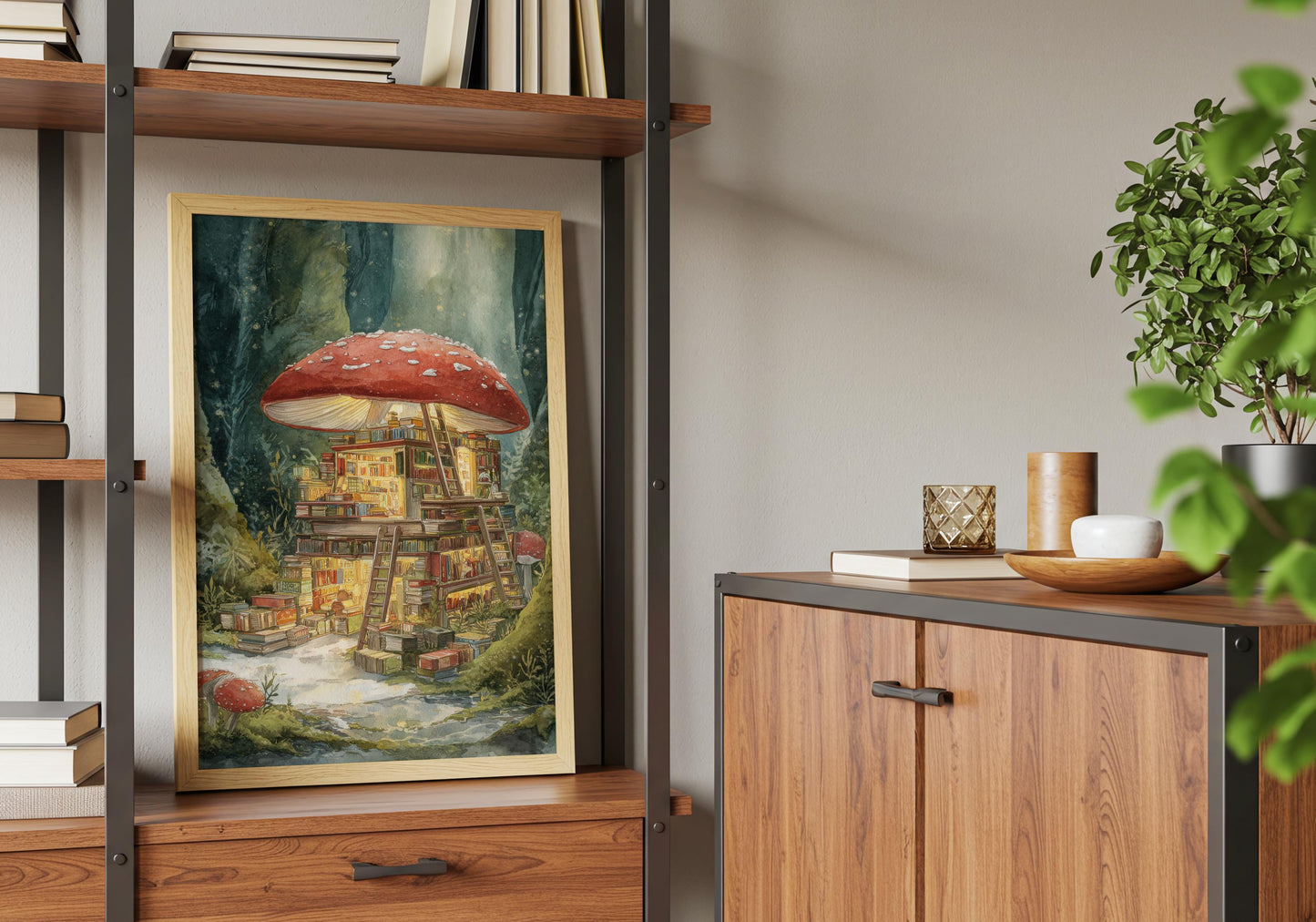 Fairytale Red Mushroom Bookshop Print | Cozy Wall Decor | Book Lover Gift | Book Nook Poster | Book Art | Aesthetic Room | Reader Home Art - Book Poster Art Print Decor Bookish