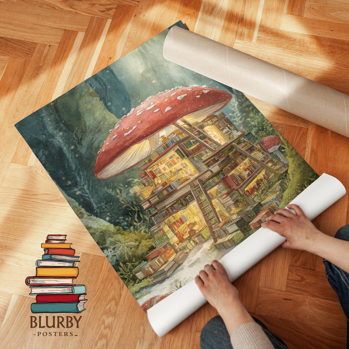 Fairytale Red Mushroom Bookshop Print | Cozy Wall Decor | Book Lover Gift | Book Nook Poster | Book Art | Aesthetic Room | Reader Home Art - Book Poster Art Print Decor Bookish