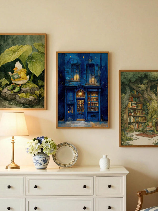 Starry Night Blue Bookshop Print | Cozy Wall Decor | Book Lover Gift | Book Nook Poster | Book Art | Aesthetic Room | Reader Home Art - Book Poster Art Print Decor Bookish