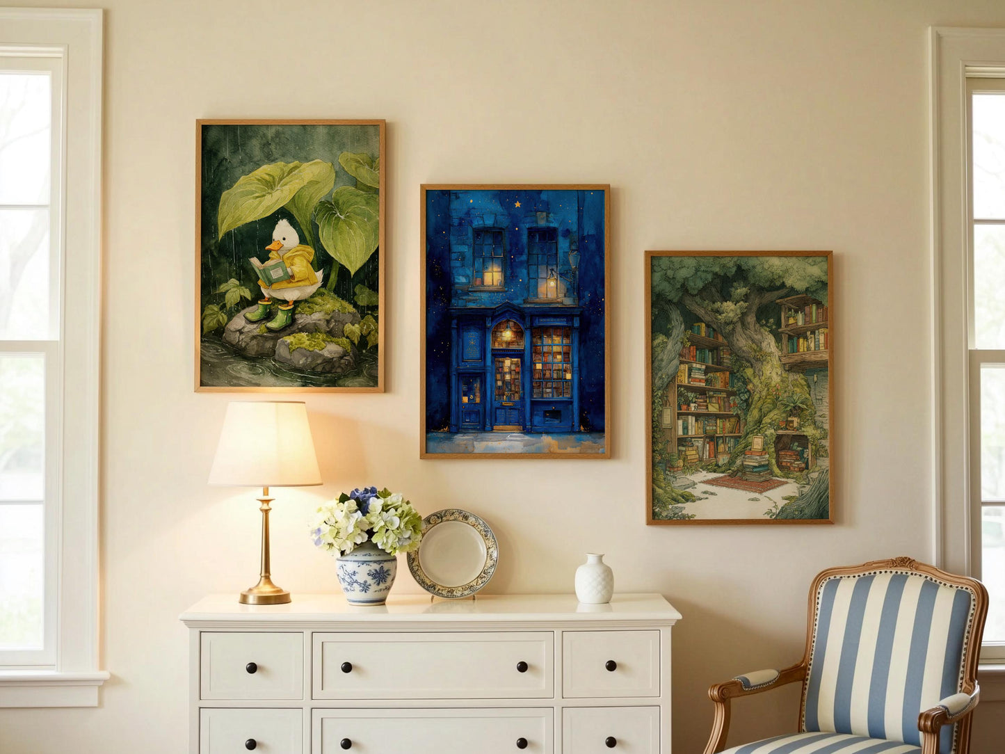 Starry Night Blue Bookshop Print | Cozy Wall Decor | Book Lover Gift | Book Nook Poster | Book Art | Aesthetic Room | Reader Home Art - Book Poster Art Print Decor Bookish