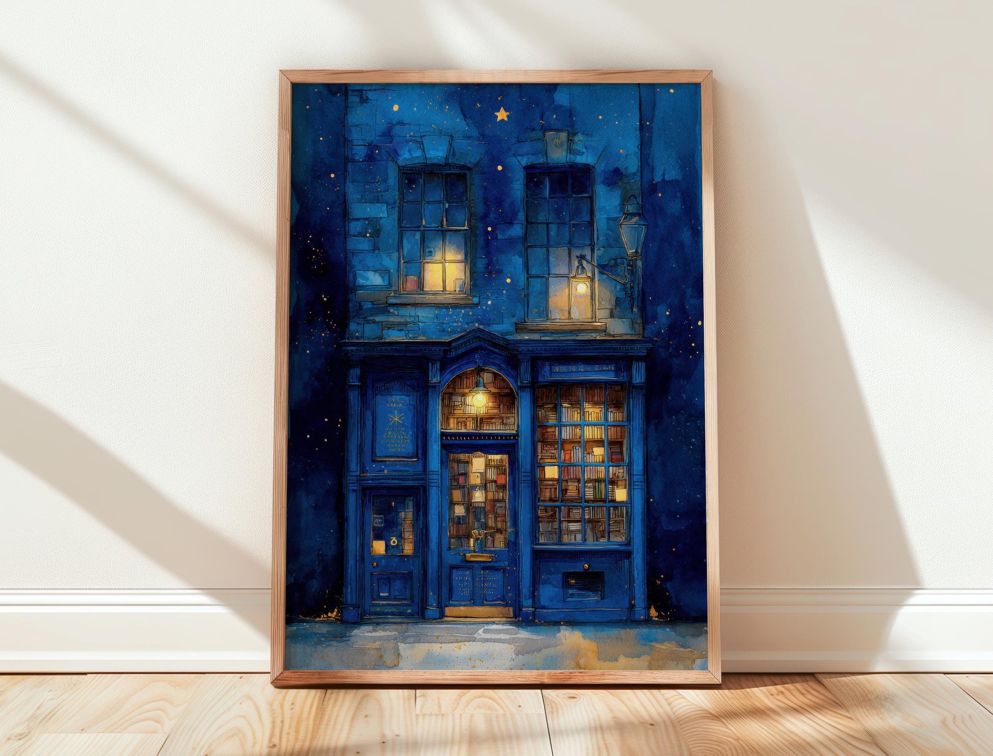 Starry Night Blue Bookshop Print | Cozy Wall Decor | Book Lover Gift | Book Nook Poster | Book Art | Aesthetic Room | Reader Home Art - Book Poster Art Print Decor Bookish