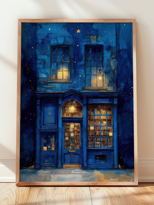 Starry Night Blue Bookshop Print | Cozy Wall Decor | Book Lover Gift | Book Nook Poster | Book Art | Aesthetic Room | Reader Home Art - Book Poster Art Print Decor Bookish