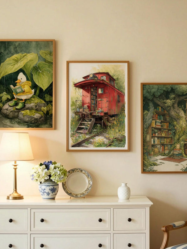Vintage Red Caboose Train Library Print | Cozy Wall Decor | Book Lover Gift | Book Nook Poster | Book Art | Aesthetic Room | Reader Home Art - Book Poster Art Print Decor Bookish
