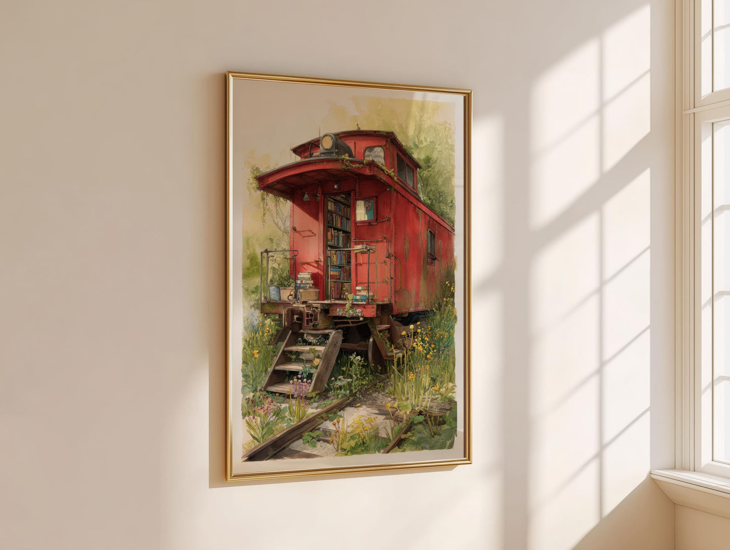 Vintage Red Caboose Train Library Print | Cozy Wall Decor | Book Lover Gift | Book Nook Poster | Book Art | Aesthetic Room | Reader Home Art - Book Poster Art Print Decor Bookish