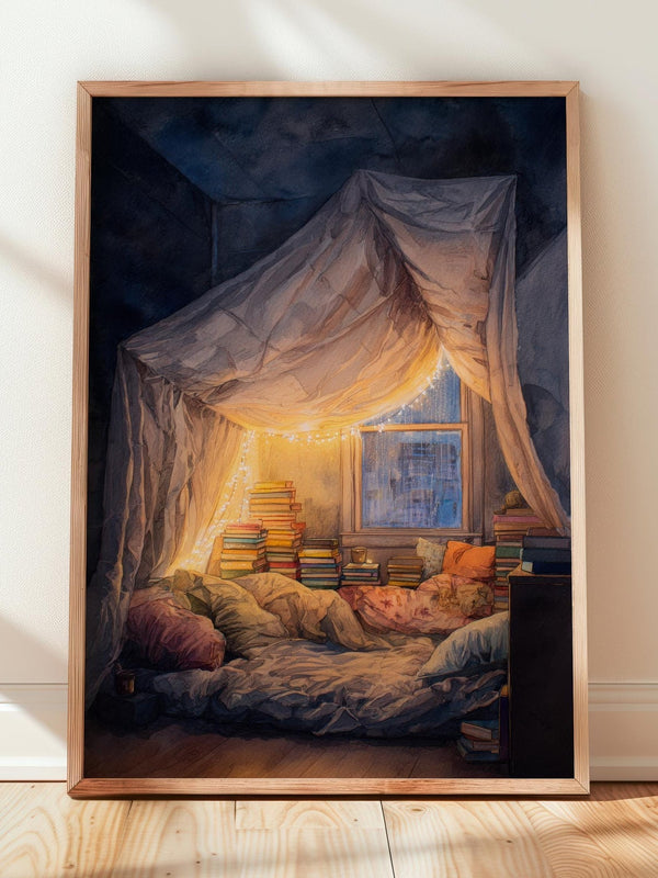 Glowing Fairy Light Pillow Fort Print | Cozy Wall Decor | Book Lover Gift | Book Nook Poster | Book Art | Aesthetic Room | Reader Home Art - Book Poster Art Print Decor Bookish
