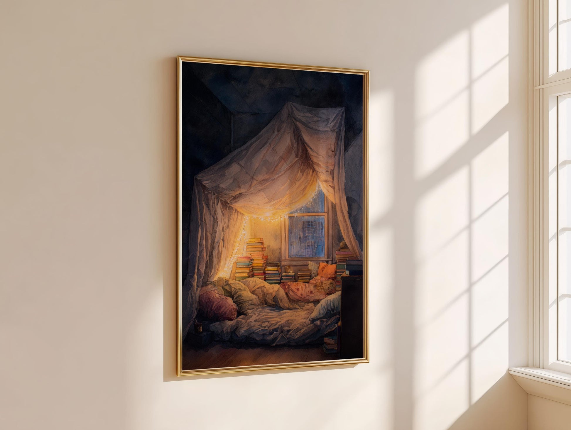 Glowing Fairy Light Pillow Fort Print | Cozy Wall Decor | Book Lover Gift | Book Nook Poster | Book Art | Aesthetic Room | Reader Home Art - Book Poster Art Print Decor Bookish