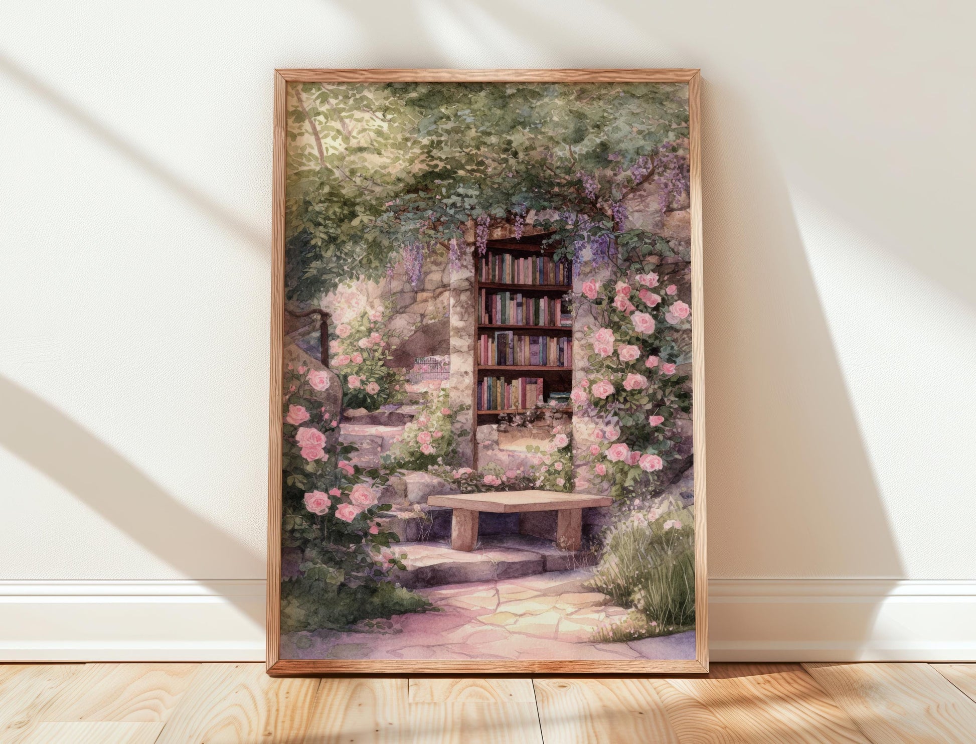 Wisteria and Pink Rose Stone Arch Print | Cozy Wall Decor | Book Lover Gift | Book Nook Poster | Book Art | Aesthetic Room | Reader Home Art - Book Poster Art Print Decor Bookish