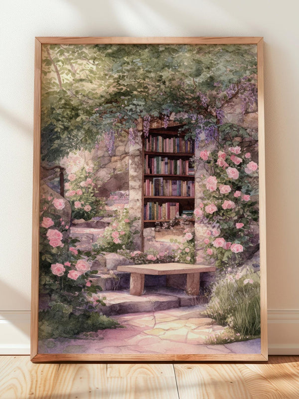 Wisteria and Pink Rose Stone Arch Print | Cozy Wall Decor | Book Lover Gift | Book Nook Poster | Book Art | Aesthetic Room | Reader Home Art - Book Poster Art Print Decor Bookish
