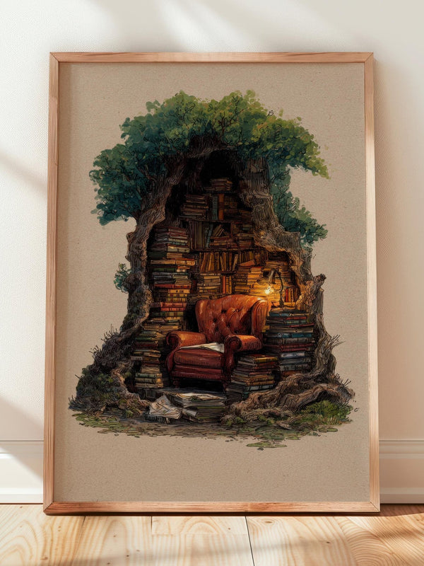 Hollow Tree Library Print | Cozy Wall Decor | Book Lover Gift | Book Nook Poster | Book Art | Aesthetic Room | Reader Home Art - Book Poster Art Print Decor Bookish