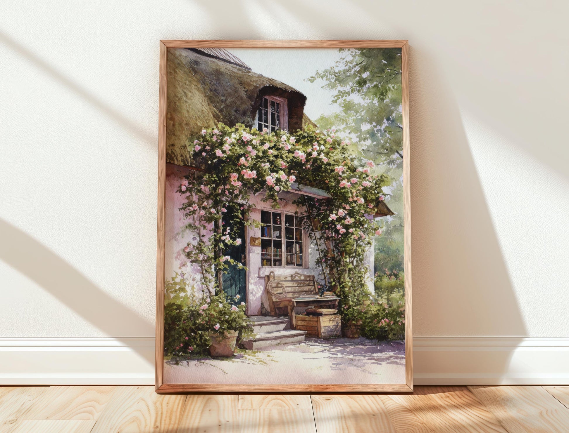 Pink Thatch Cottage Rose Garden Print | Cozy Wall Decor | Book Lover Gift | Book Nook Poster | Book Art | Aesthetic Room | Reader Home Art - Book Poster Art Print Decor Bookish