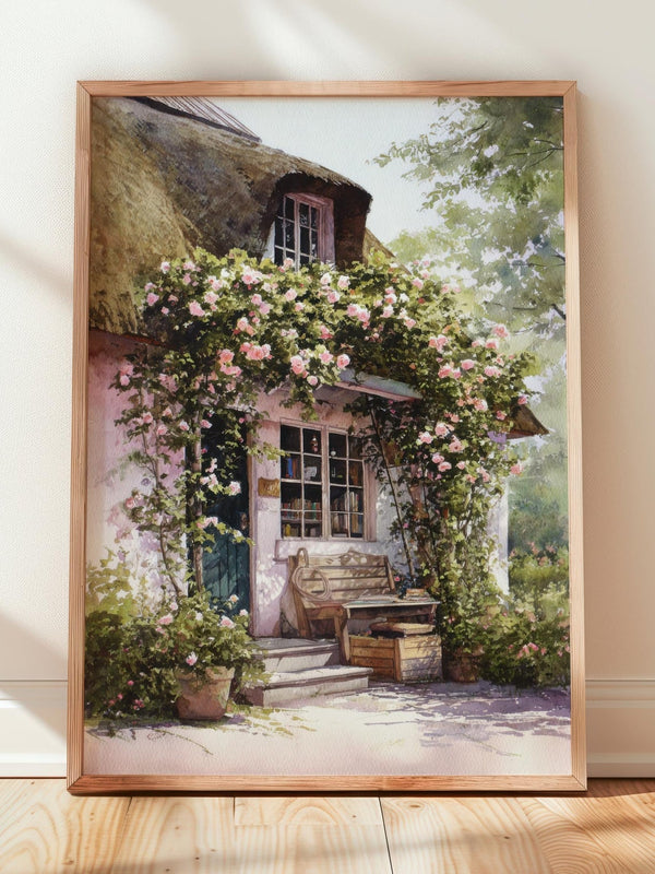 Pink Thatch Cottage Rose Garden Print | Cozy Wall Decor | Book Lover Gift | Book Nook Poster | Book Art | Aesthetic Room | Reader Home Art - Book Poster Art Print Decor Bookish