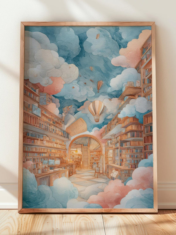 Dreamy Sky Cloud Library Print | Cozy Wall Decor | Book Lover Gift | Book Nook Poster | Book Art | Aesthetic Room | Reader Home Art - Book Poster Art Print Decor Bookish