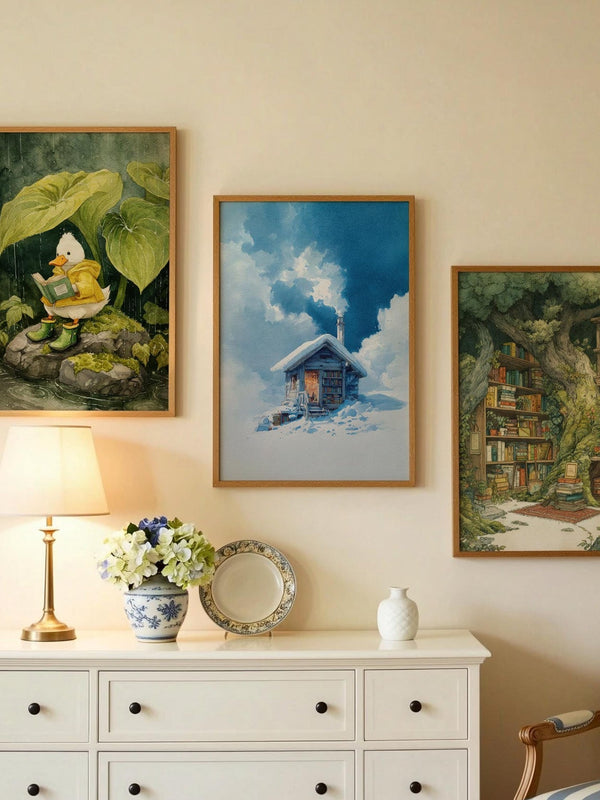 Winter Mountain Cabin Library Print | Cozy Wall Decor | Book Lover Gift | Book Nook Poster | Book Art | Aesthetic Room | Reader Home Art - Book Poster Art Print Decor Bookish