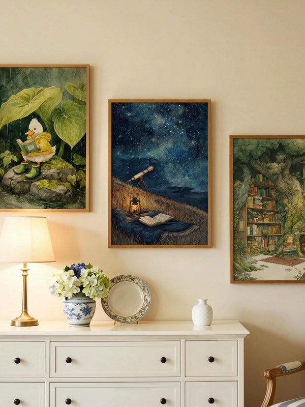 Starry Night Sky Telescope Print | Cozy Wall Decor | Book Lover Gift | Book Nook Poster | Book Art | Aesthetic Room | Reader Home Art - Book Poster Art Print Decor Bookish