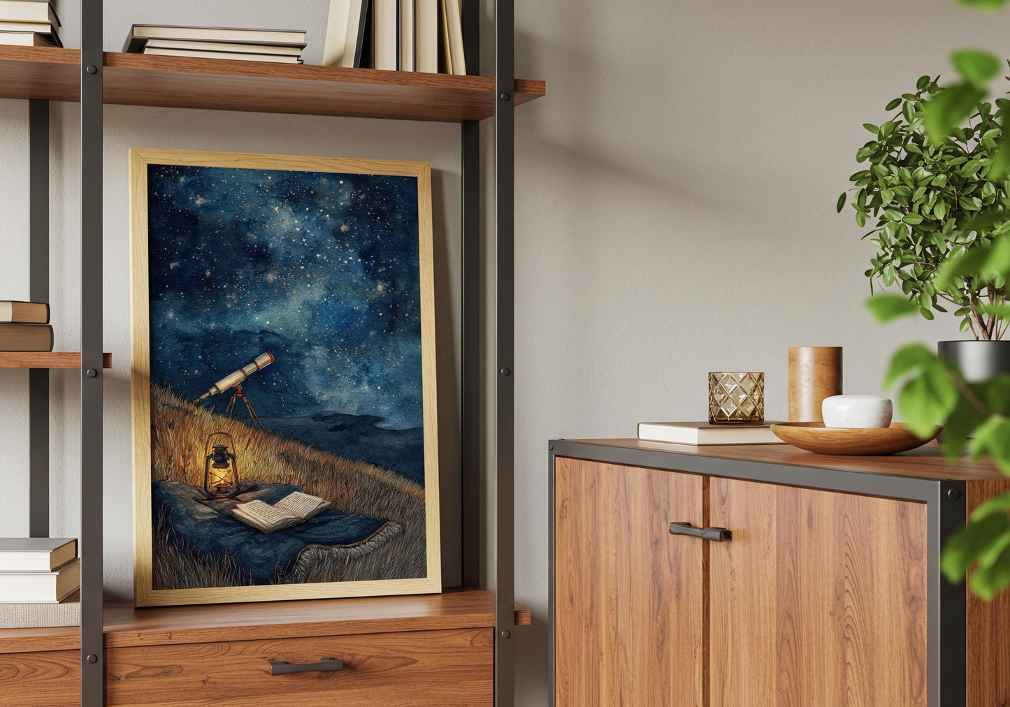Starry Night Sky Telescope Print | Cozy Wall Decor | Book Lover Gift | Book Nook Poster | Book Art | Aesthetic Room | Reader Home Art - Book Poster Art Print Decor Bookish