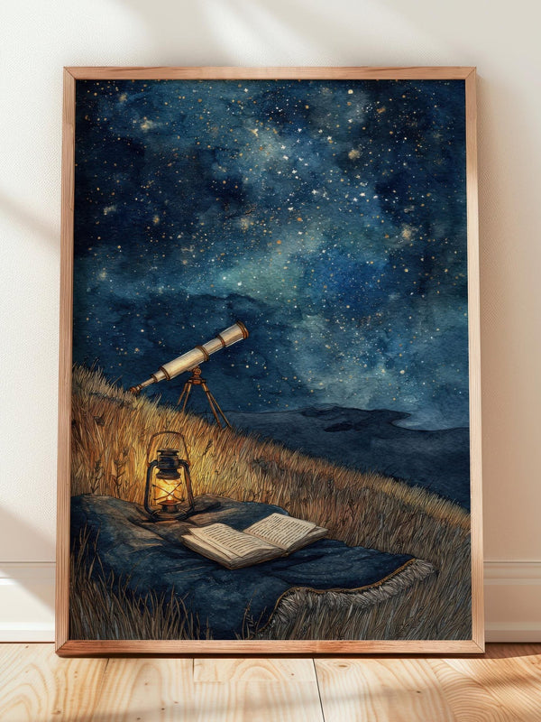 Starry Night Sky Telescope Print | Cozy Wall Decor | Book Lover Gift | Book Nook Poster | Book Art | Aesthetic Room | Reader Home Art - Book Poster Art Print Decor Bookish