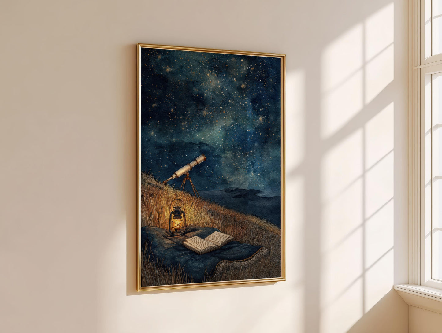 Starry Night Sky Telescope Print | Cozy Wall Decor | Book Lover Gift | Book Nook Poster | Book Art | Aesthetic Room | Reader Home Art - Book Poster Art Print Decor Bookish