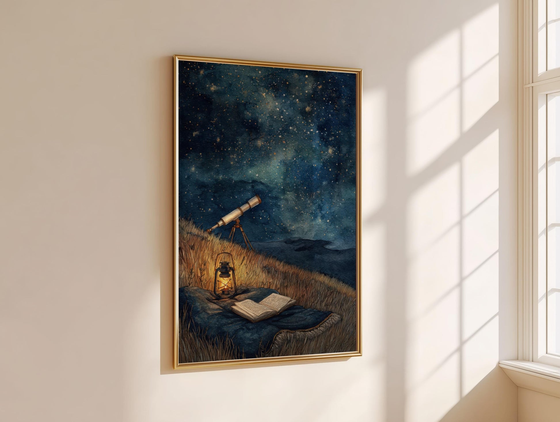 Starry Night Sky Telescope Print | Cozy Wall Decor | Book Lover Gift | Book Nook Poster | Book Art | Aesthetic Room | Reader Home Art - Book Poster Art Print Decor Bookish