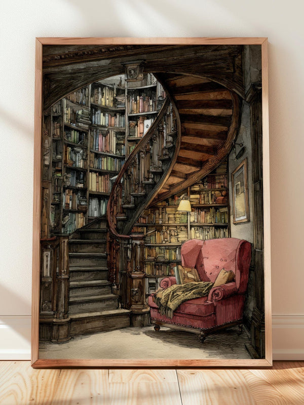 Dark Academia Red Armchair Print | Cozy Wall Decor | Book Lover Gift | Book Nook Poster | Book Art | Aesthetic Room | Reader Home Art - Book Poster Art Print Decor Bookish