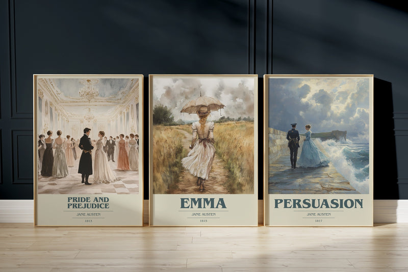 Jane Austen poster set: Pride and Prejudice, Emma and Persuasion framed prints leaning against a wall