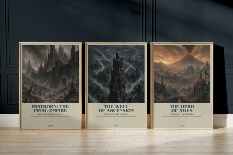 Mistborn Trilogy: Mistborn: The Final Empire, The Well of Ascension, The Hero of Ages framed art prints