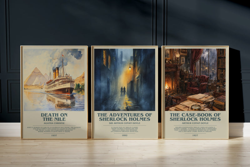 Classic Mystery Trio: Death On The Nile, The Adventures Of Sherlock Holmes, The Case-Book Of Sherlock Holmes framed art prints