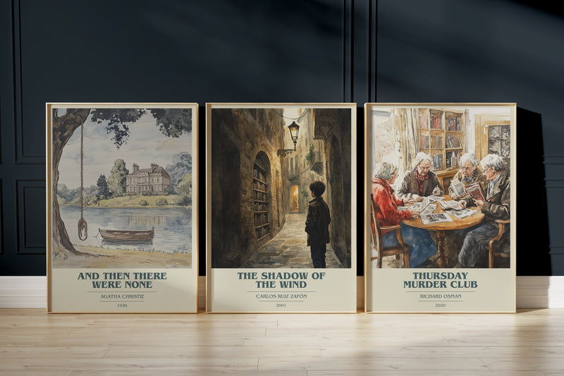 Mystery Trio: And Then There Were None, The Shadow Of The Wind, Thursday Murder Club framed art prints