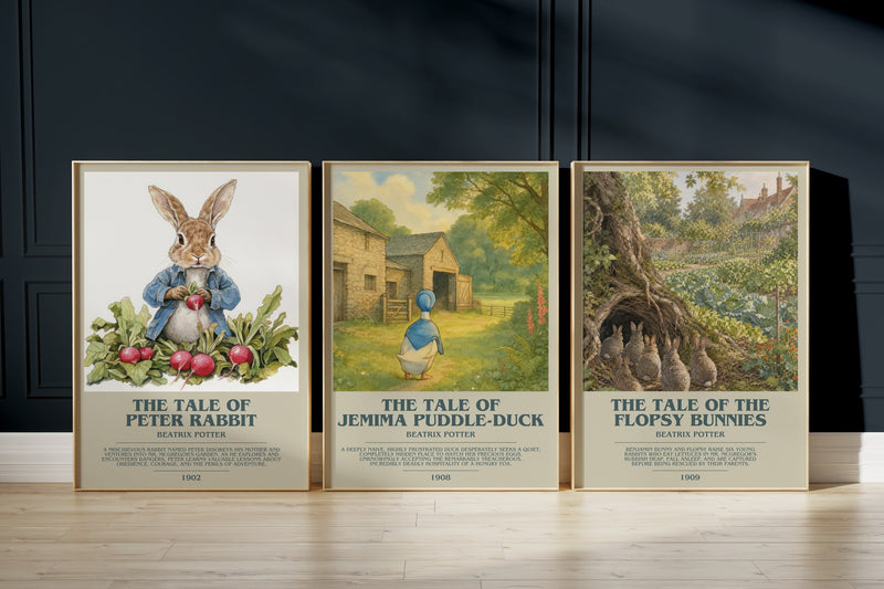 Peter Rabbit Trio: The Tale Of Peter Rabbit, The Tale Of Jemima Puddle-Duck, The Tale Of The Flopsy Bunnies framed art prints